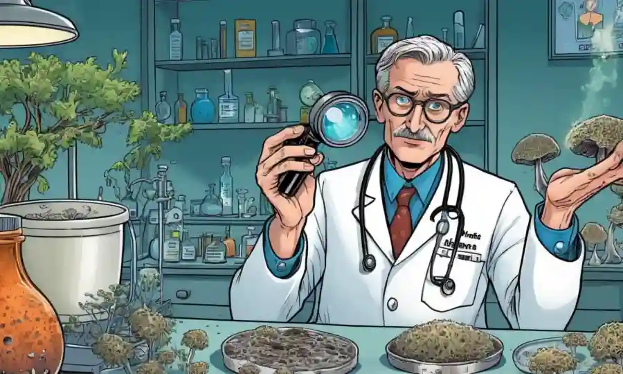 Un médico que sostiene un microscopio cerca de un plato de cultura fúngica, junto con la medicina y la información del paciente.
