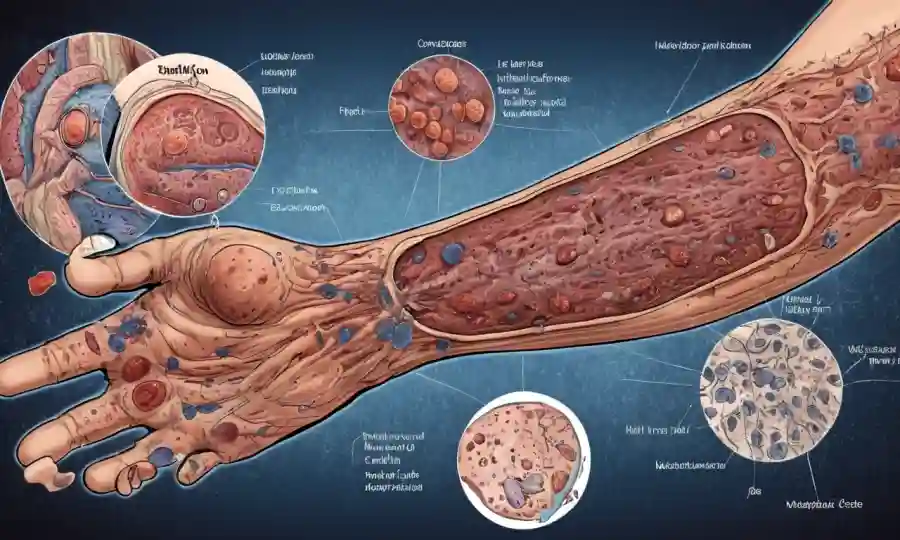 Una persona con lesiones cutáneas o infección fúngica en su brazo, con diagramas médicos y superposiciones de texto.