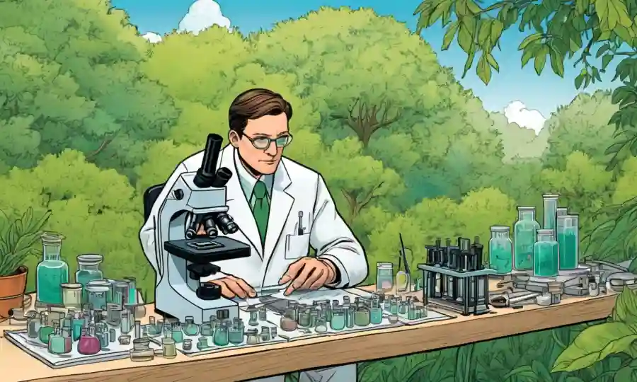 Un biólogo que examina microscopios y platos petri en medio de un exuberante entorno natural.