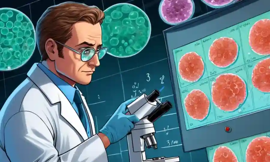 Científico en la capa de laboratorio examina la diapositiva del microscopio de células animales, con gráficos y tubos de ensayo cercanos.