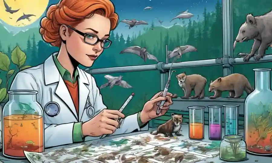 Análisis científico de muestras biológicas cerca de tubos de ensayo y diagramas, rodeado de especies de fauna silvestre.