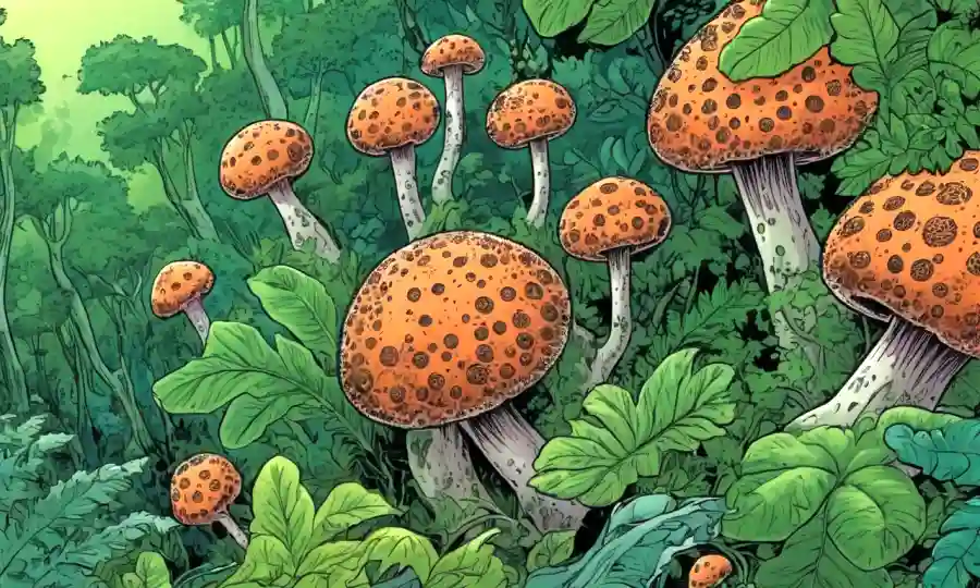 Una imagen microscópica de esporas rodeada de vegetación exuberante o escenas forestales.