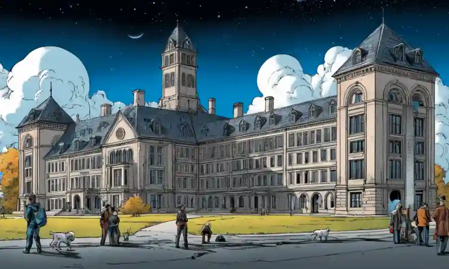 Un edificio histórico universitario con investigadores que realizan experimentos en el fondo.