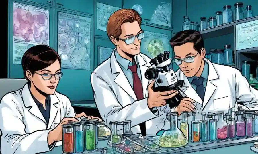 Investigadores científicos en un laboratorio conteniendo platos de petri y muestras de microscopio, con superposiciones de texto destacando hallazgos de investigación.