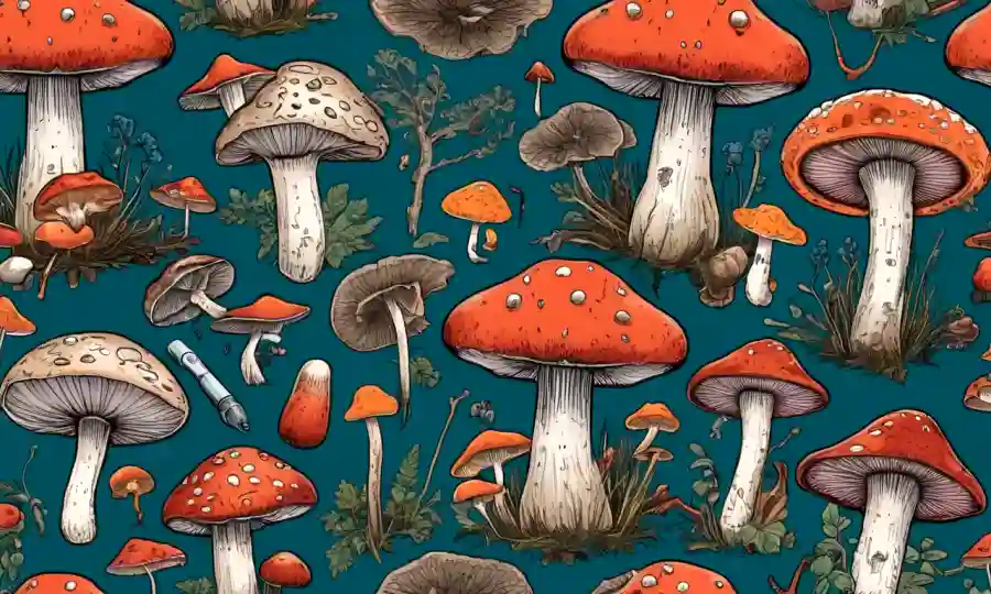 Una ilustración gráfica de varias especies de hongos con símbolos médicos y equipos que los rodean.