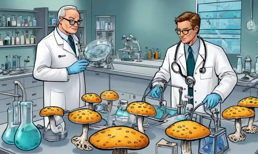 Fungi con equipos médicos e investigadores en capas de laboratorio para representar los descubrimientos clave en la medicina.