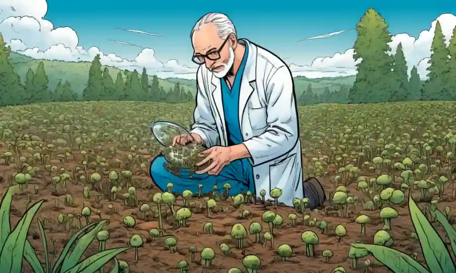 Científico coleccionando esporas en un campo o laboratorio, con un fondo de diversas especies vegetales.