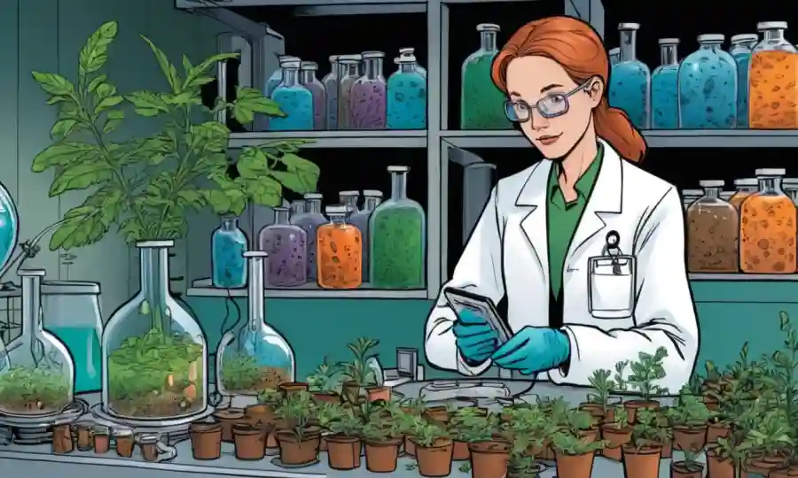 Un biólogo que estudia especies vegetales con esporas en un laboratorio.