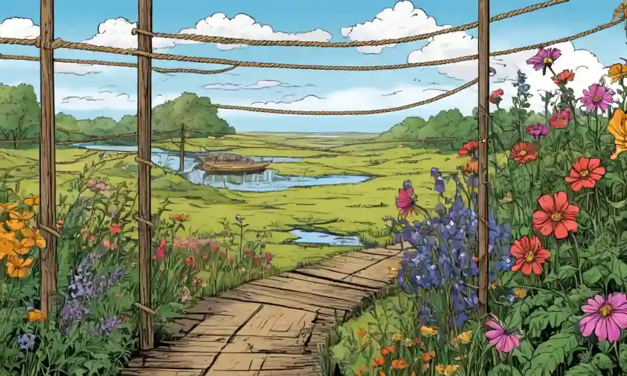 Flores silvestres que florecen en un fondo de hábitat restaurado con cuerdas y piscinas cerca.