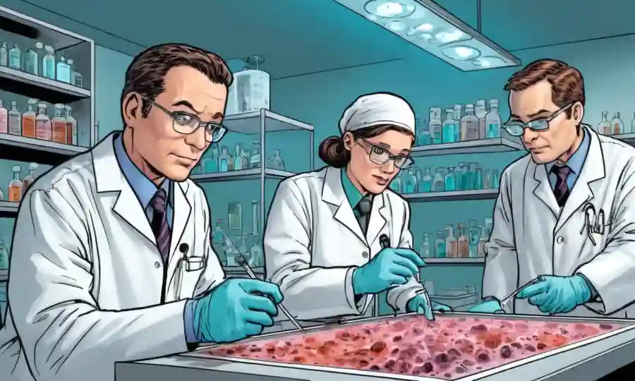 Profesionales médicos que examinan muestras fúngicas en un laboratorio.