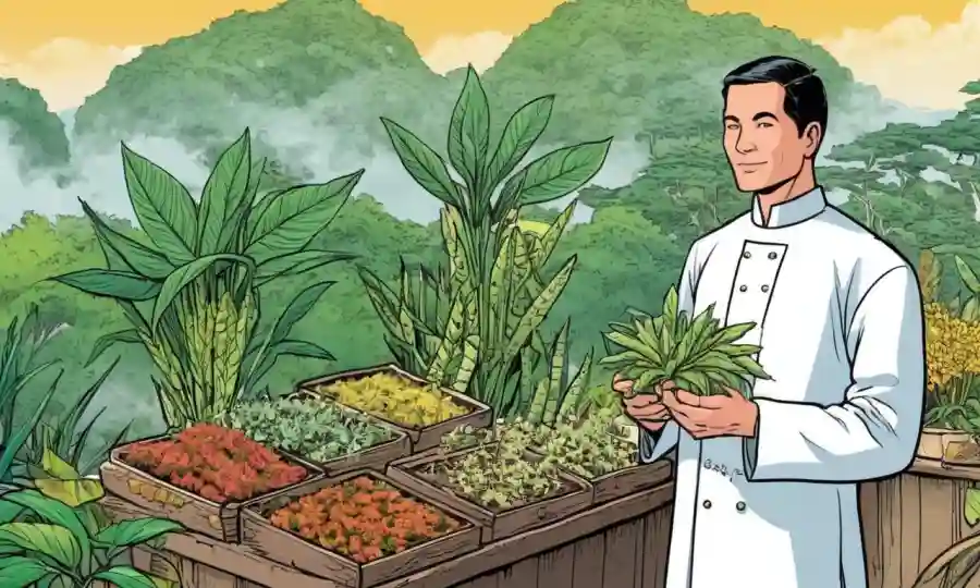 A medicinal practitioner holding various plant species in front of a traditional medicine background.
