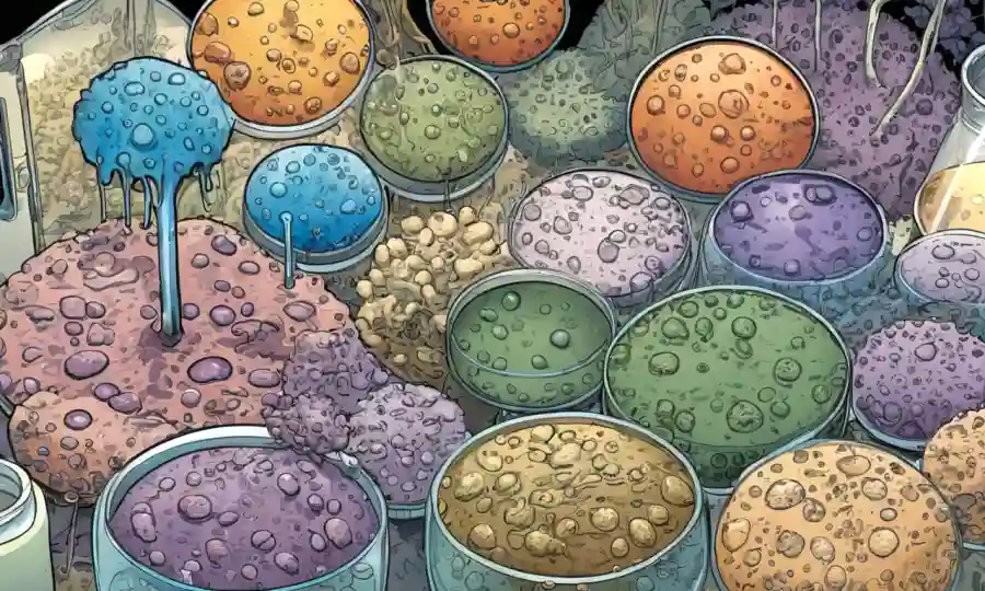 Esporas microbianas, incluyendo varios tipos y sus aplicaciones científicas, exhibidas en un entorno de laboratorio.