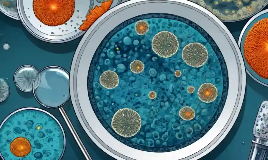 hongos o esporas microscópicas en un plato de petri con instrumentos científicos cercanos.