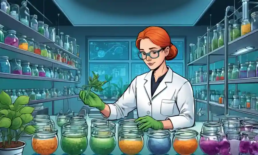 Científico en un laboratorio analizando platos petri y plantas agrícolas