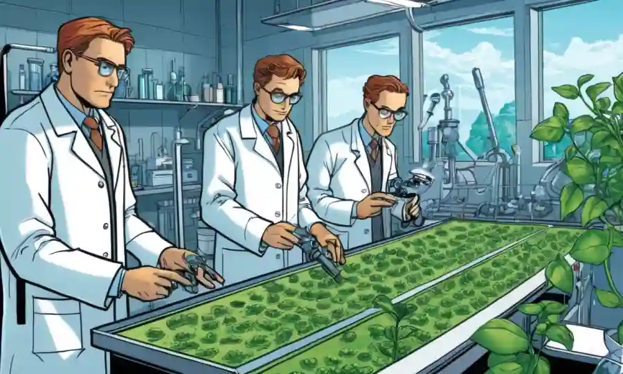 Científicos en capas de laboratorio trabajando con células vegetales y maquinaria en el fondo.