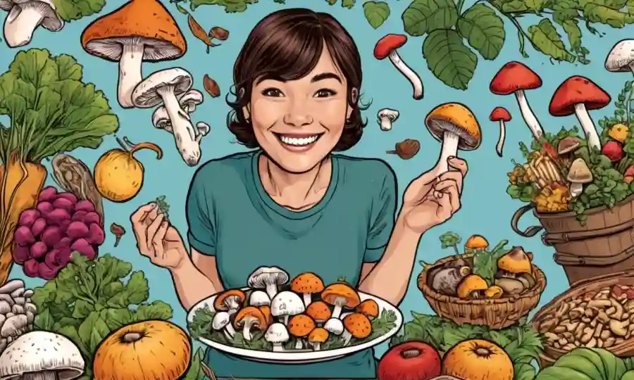 Una persona que sostiene varios hongos comestibles y sonriente rodeado de alimentos saludables.