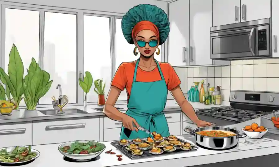 Mujer vegano cocinando platos exóticos de setas en una cocina moderna.