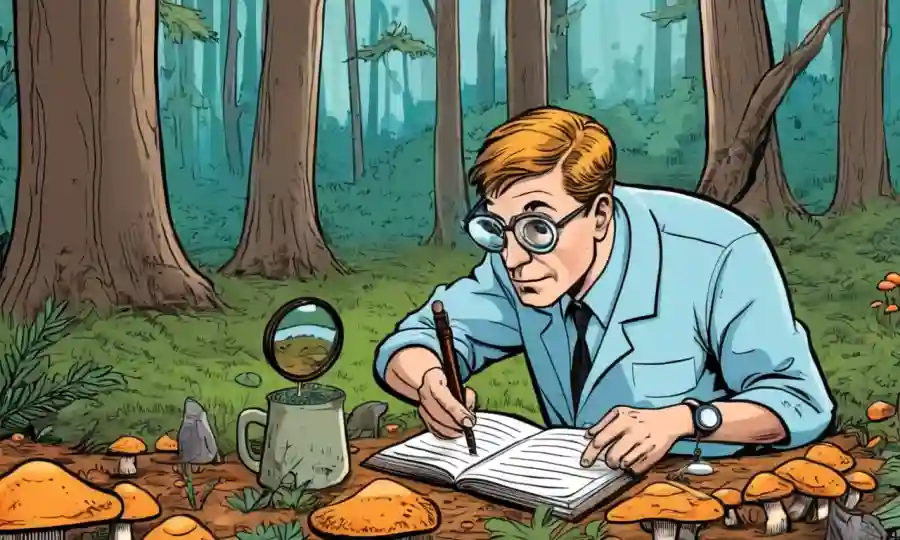 Científico recolectando muestras de hongos en un bosque con cuaderno y lupa.