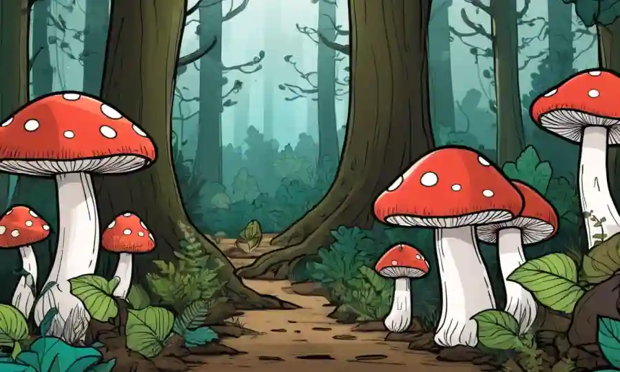 Setas creciendo en entornos forestales con gráficos y gráficos cercanos.