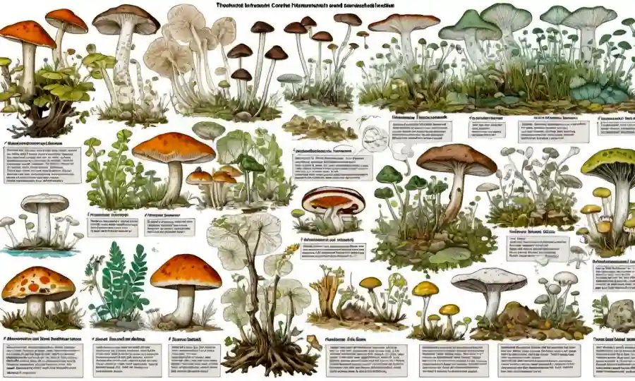 Ilustración científica que muestra varias especies de hongos en medio de indicadores ambientales y gráficos de datos históricos.