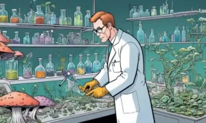 Científico trabajando en un laboratorio con cultivos de hongos.