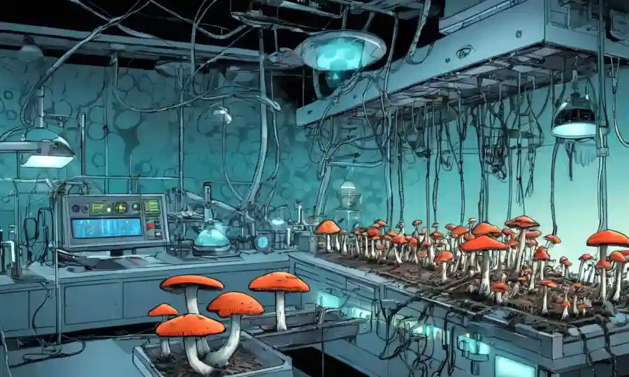 Células de hongos o hongos en un laboratorio con equipos futuristas.