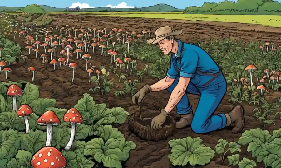 Farmer planting hongos en lugar de productos químicos tradicionales para la protección de cultivos.