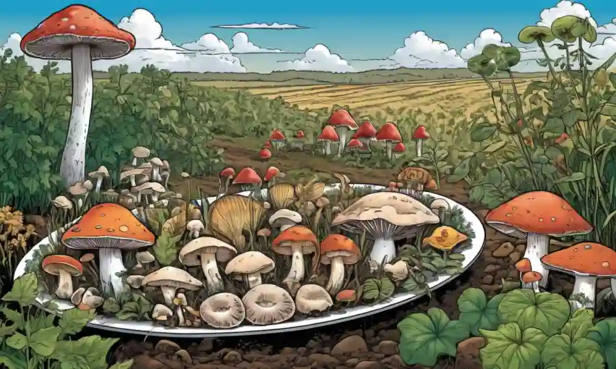 Una placa de hongos con varios tipos de hongos, rodeada de cultivos.