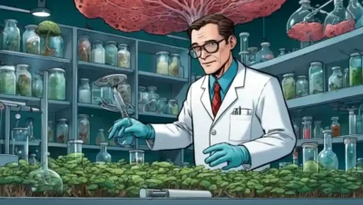 Científico en un laboratorio rodeado de culturas fúngicas