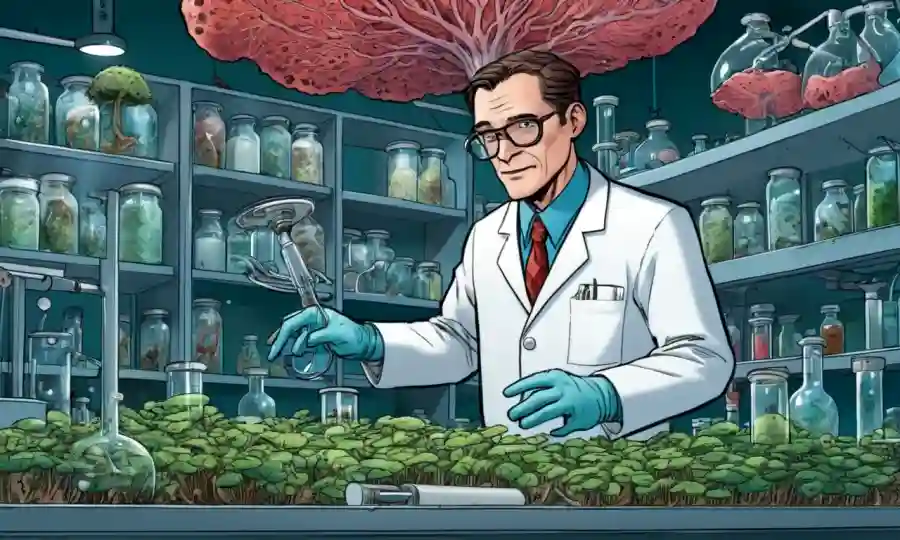 Científico en un laboratorio rodeado de culturas fúngicas