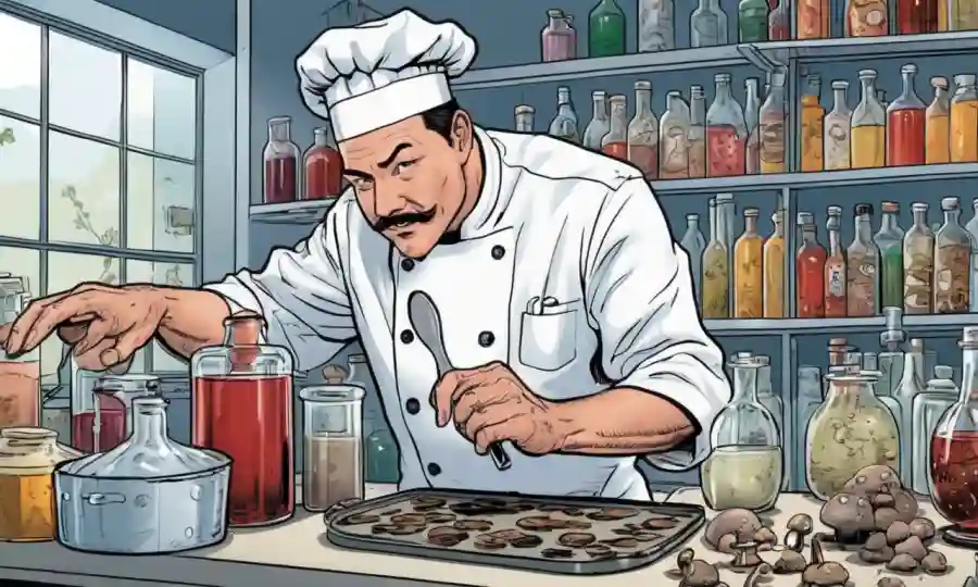 Un chef en un laboratorio experimentando con hongos y bebidas fermentadas.