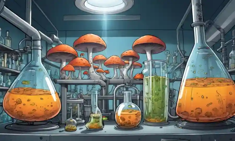Fungi crece en un laboratorio con vasos de fermentación y equipo de destilación de alcohol.