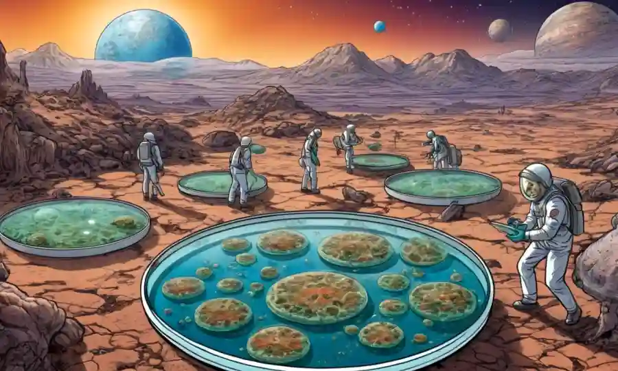 Científicos fúngicos descubriendo la vida extraterrestre en los platos Petri entre las imágenes del paisaje planetario.