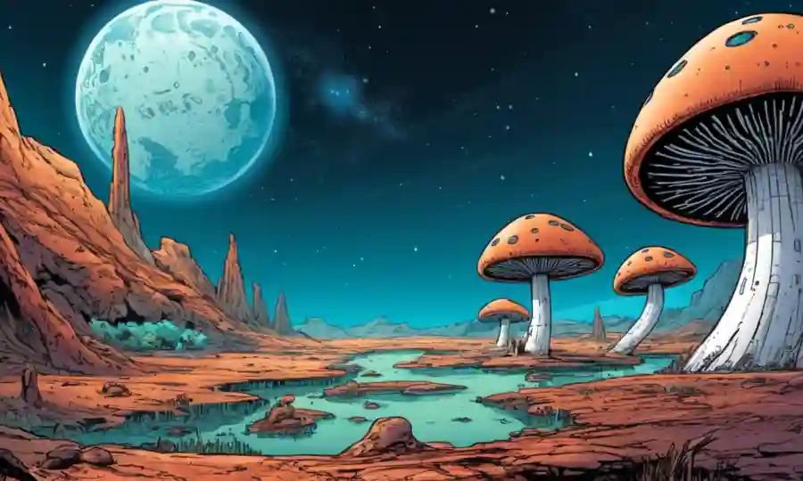 Ilustración artística de hábitats espaciales y una sonda inspirada en hongos en la superficie de un planeta distante.