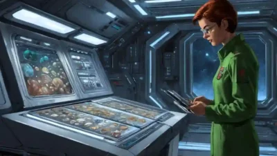 Científico examinando muestras de hongos en una consola de estación espacial futurista.