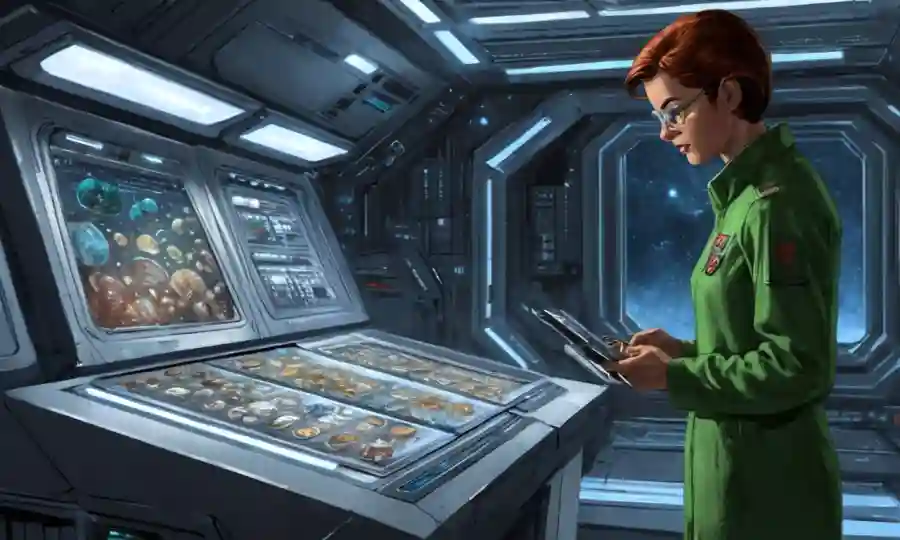 Científico examinando muestras de hongos en una consola de estación espacial futurista.
