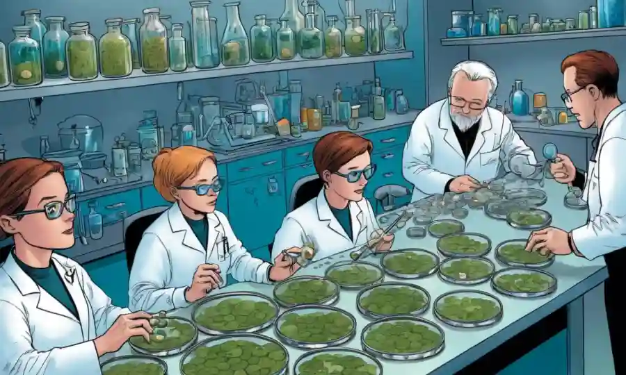 Investigadores en un laboratorio rodeados de hongos y platos petri, trabajando para desarrollar compuestos antibióticos.