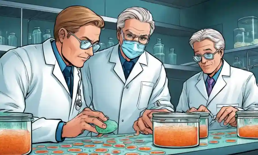 Científicos analizando platos petri con cultivos de molde y antibióticos.