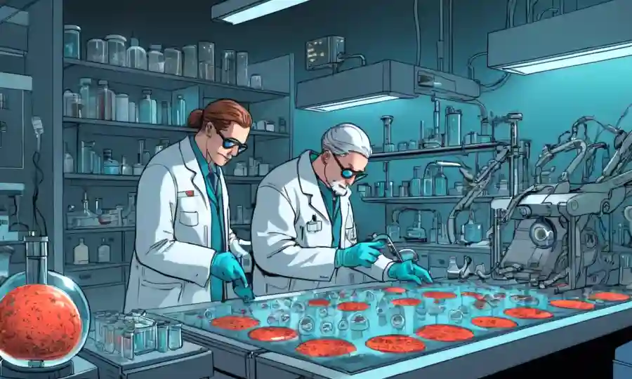 Investigadores que examinan muestras fúngicas en un laboratorio con equipos futuristas.