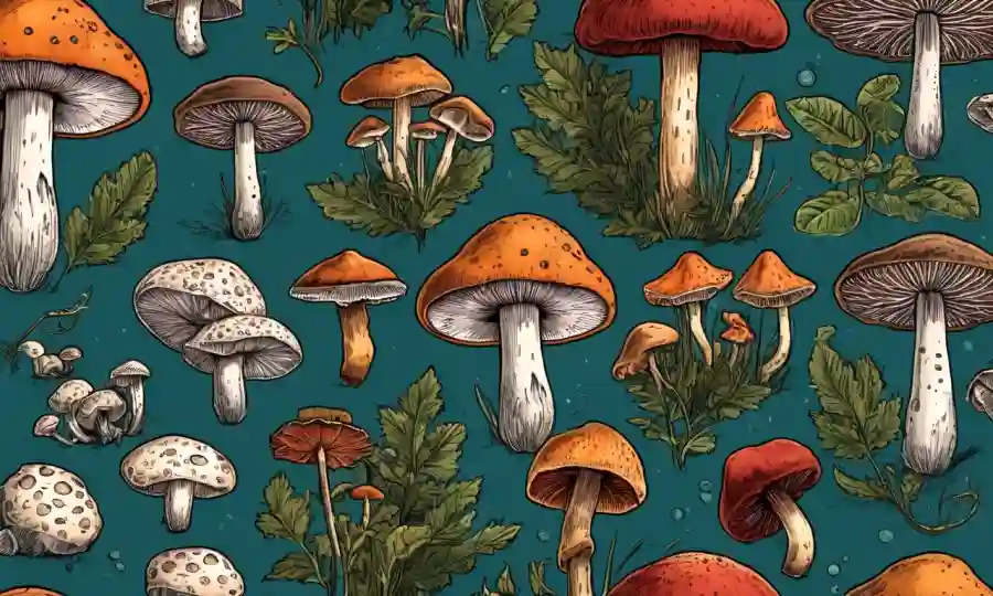 Imágenes científicas de varias especies de hongos en un fondo medicinal con claves destacadas.