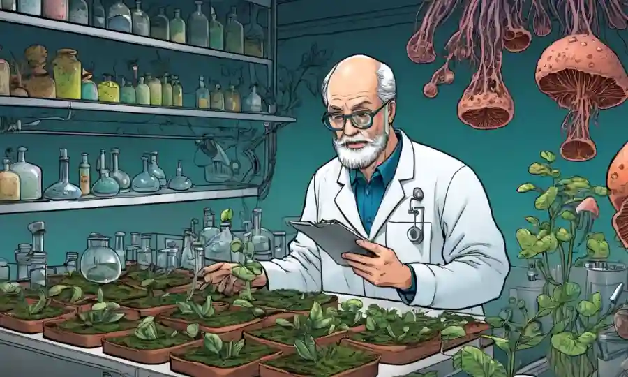 Científico examinando culturas hongos en un laboratorio, con ilustraciones de plantas medicinales.