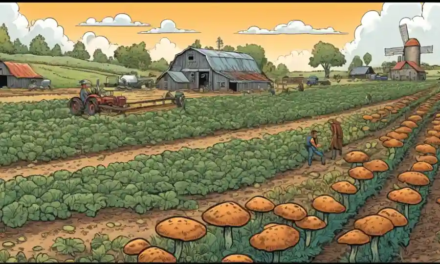 Escena de campo agrícola con colonias de hongos beneficiosos ayudando a cultivos sin plagas.