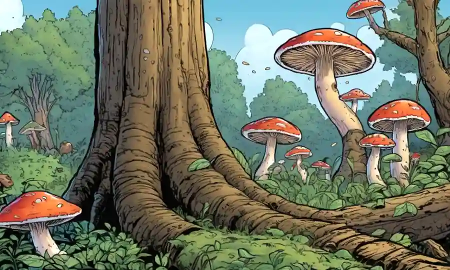Fungi creciendo en troncos de árboles con animales y hojas en el fondo.