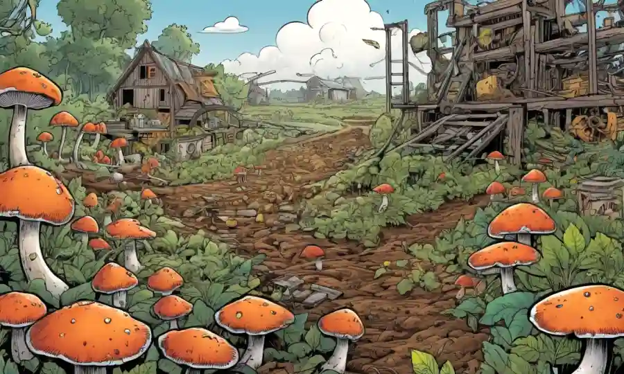 Fungi creciendo en residuos agrícolas, rodeado de conceptos de procesamiento ecológico.