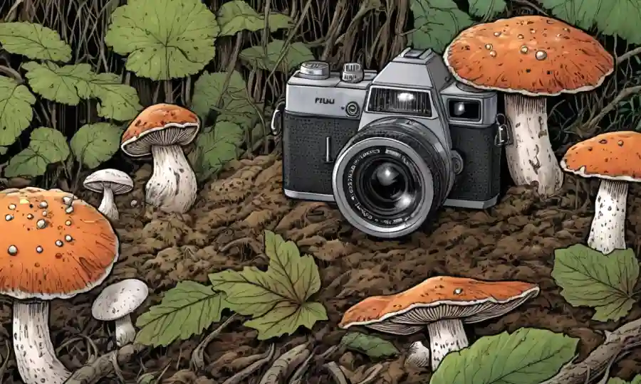 Disparos de varias especies de hongos en un fondo natural con equipo de cámara.