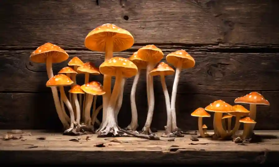 Especímenes de hongos iluminados por softbox y luz natural sobre una superficie de madera rústica.