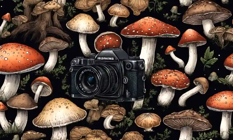 Imagen macro de varios hongos en un fondo oscuro con equipo de cámara cerca.