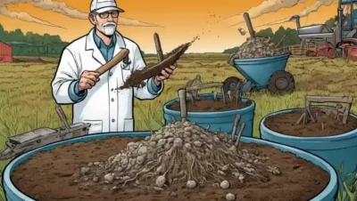 Científico agrícola que sostiene muestras de suelo con la red de micelio visible