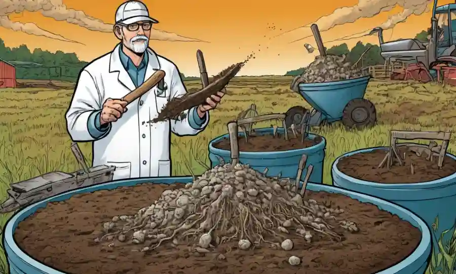 Científico agrícola que sostiene muestras de suelo con la red de micelio visible