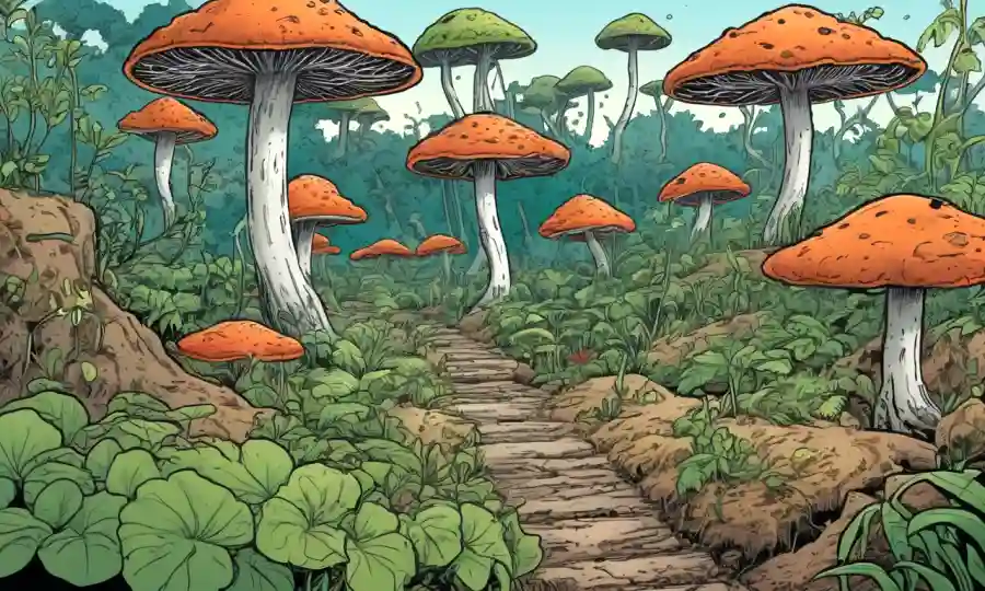 Una escena natural con plantas que crecen desde redes de hongos en un entorno de paisaje sostenible.